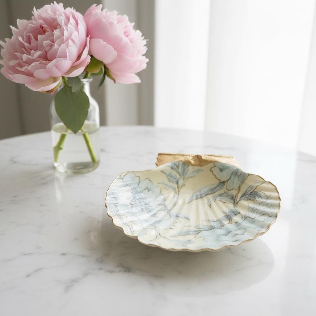 Blue Botanical Seashell Trinket Dish, French Country Decor