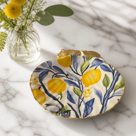 Watercolor lemon botanical shell trinket dish