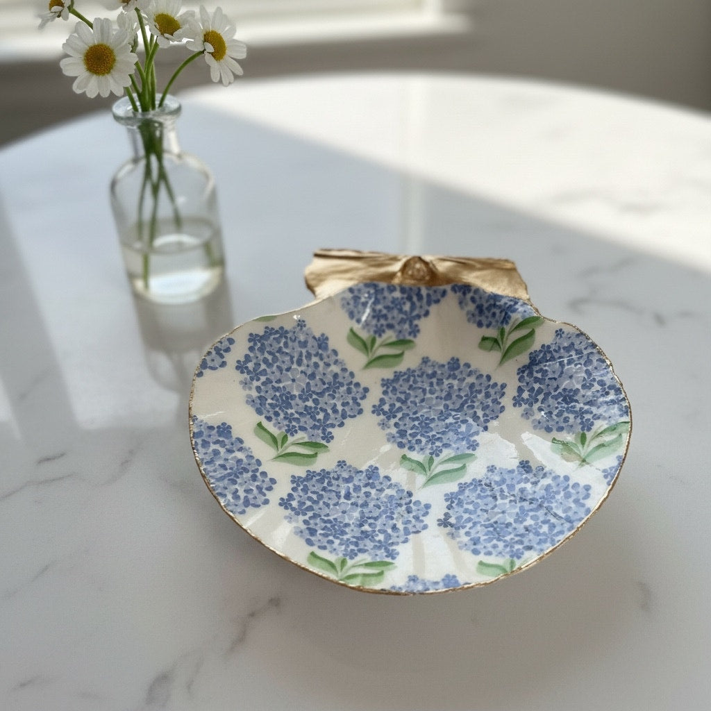 Watercolor Blue Hydrangea Scallop Shell Trinket Dish, Something Blue Ring Dish