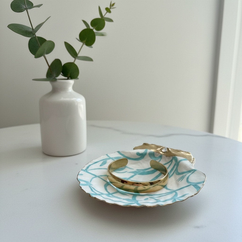 Blue Vine Shell Ring Dish, Handmade Scallop Trinket Dish, Coastal Boho Decor