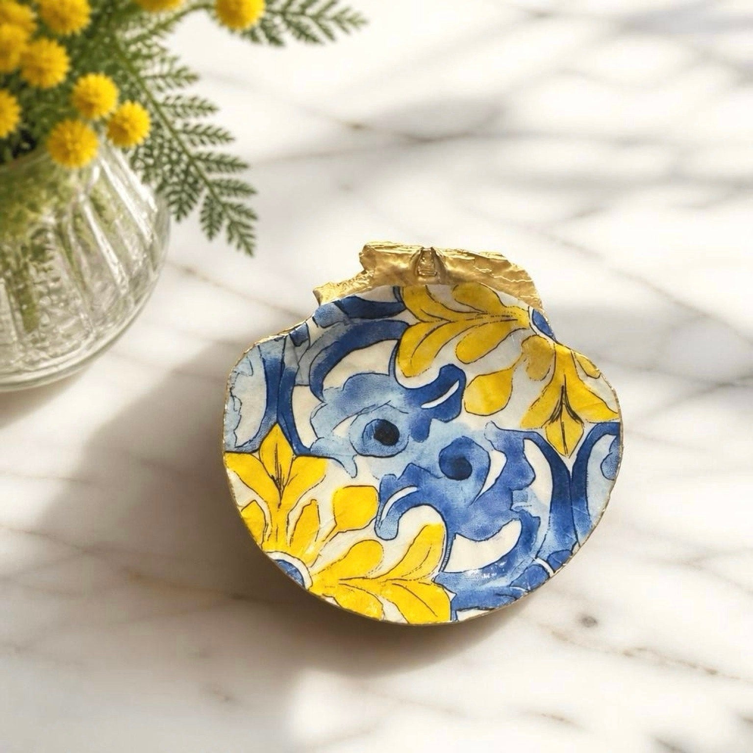 Blue and yellow Mediterranean scallop shell ring dish with gold edging