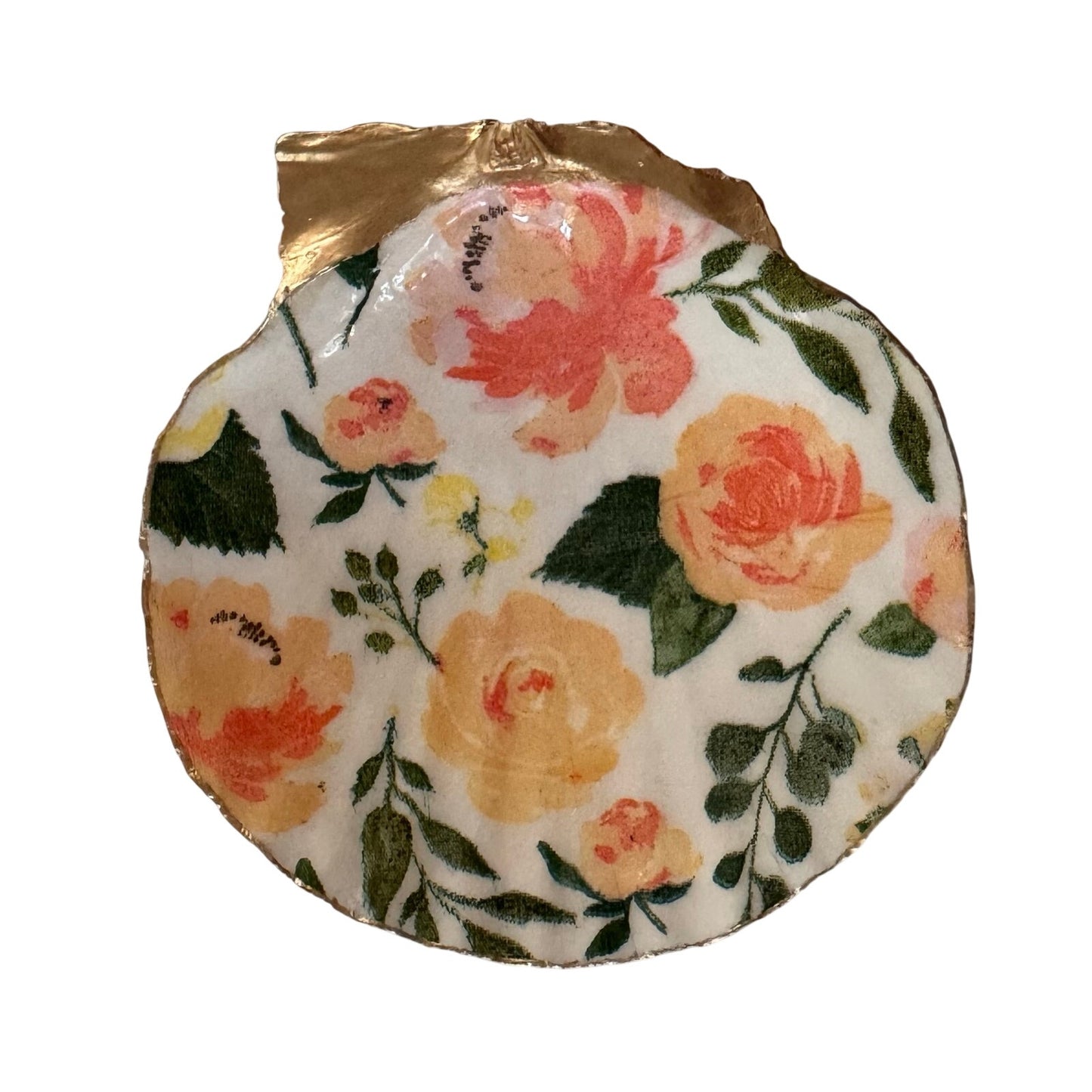 Peach Rose Trinket Dish, Floral Scallop Shell Ring Dish, Gift for Her