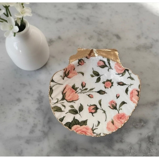 Pink Rose Trinket Dish, Floral Scallop Shell Ring Dish, Cottagecore Gift