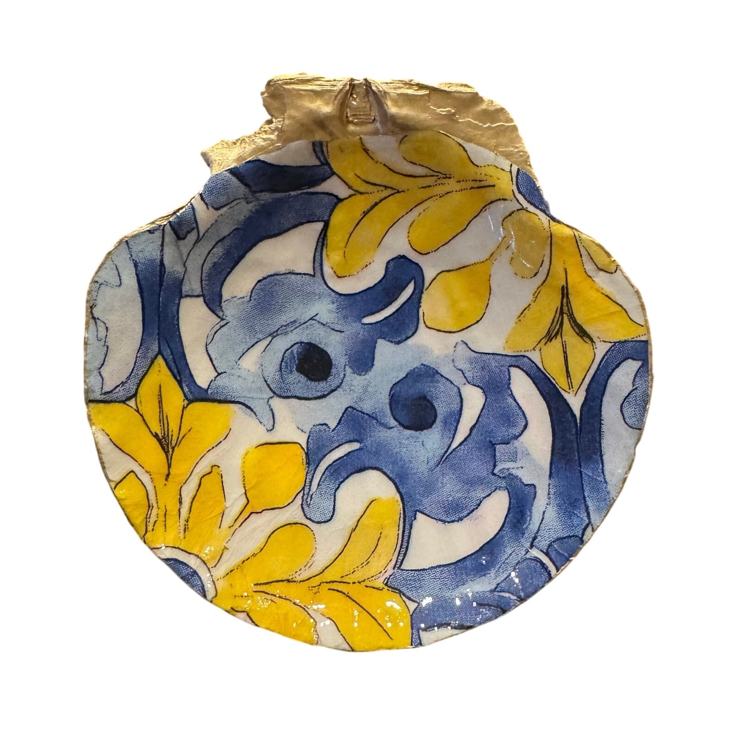 Blue and yellow floral scallop shell trinket dish with gold edge