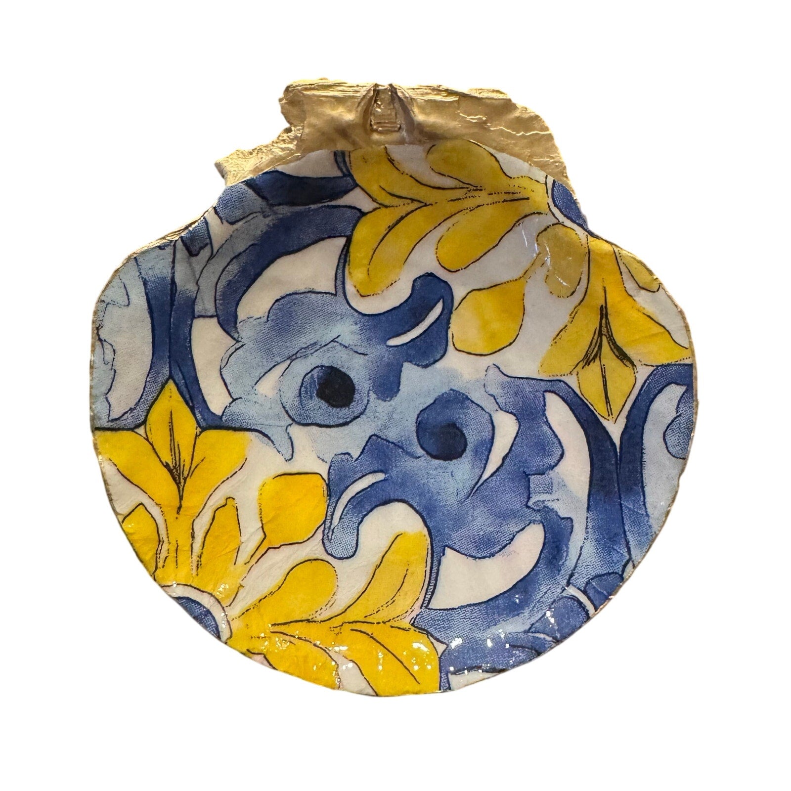 Blue and yellow floral scallop shell trinket dish with gold edge