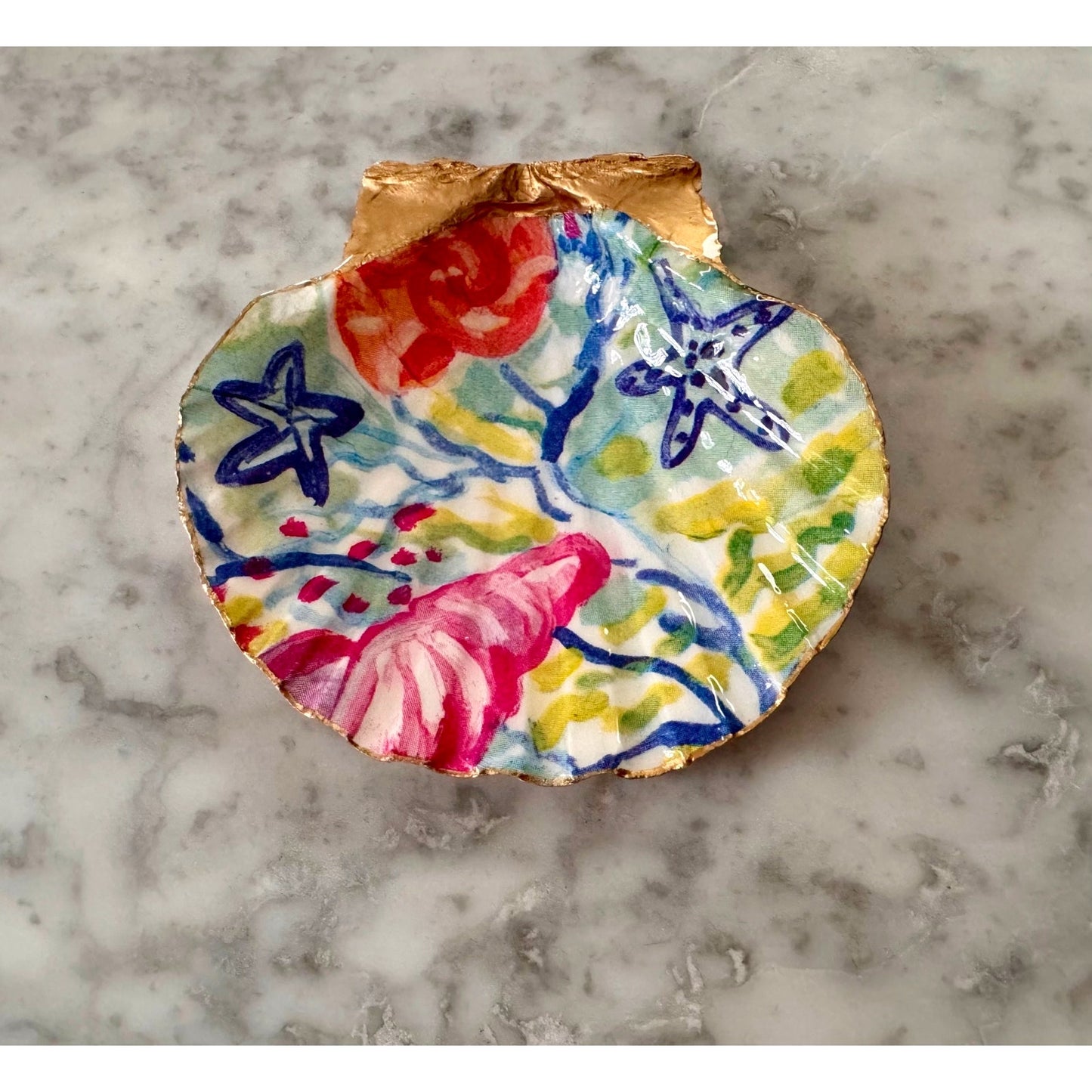 Coastal watercolor starfish shell trinket dish