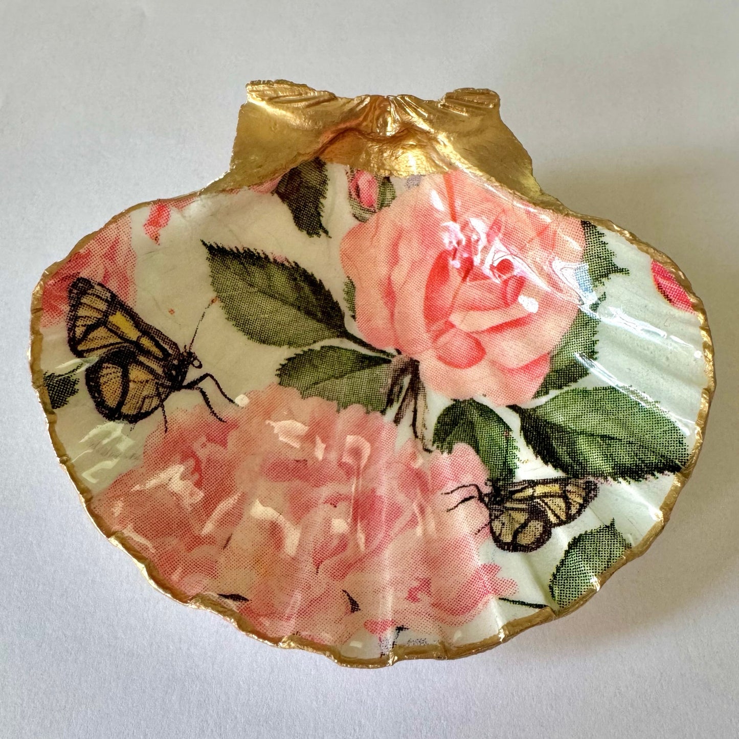 Rose Butterfly Shell Trinket Dish I Floral Ring Jewelry Holder