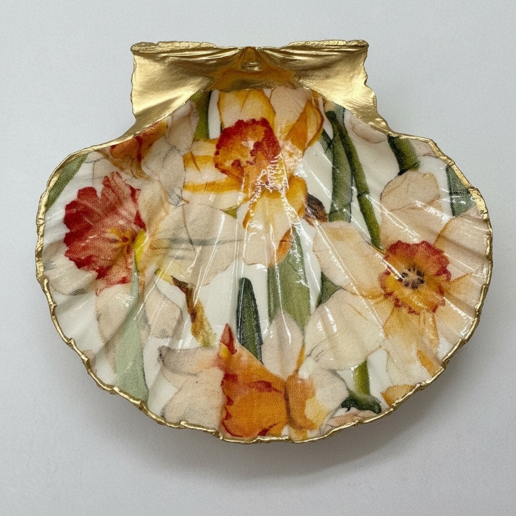 Daffodil Scallop Shell Trinket Dish Gold Edge Spring Floral Ring Dish Gift