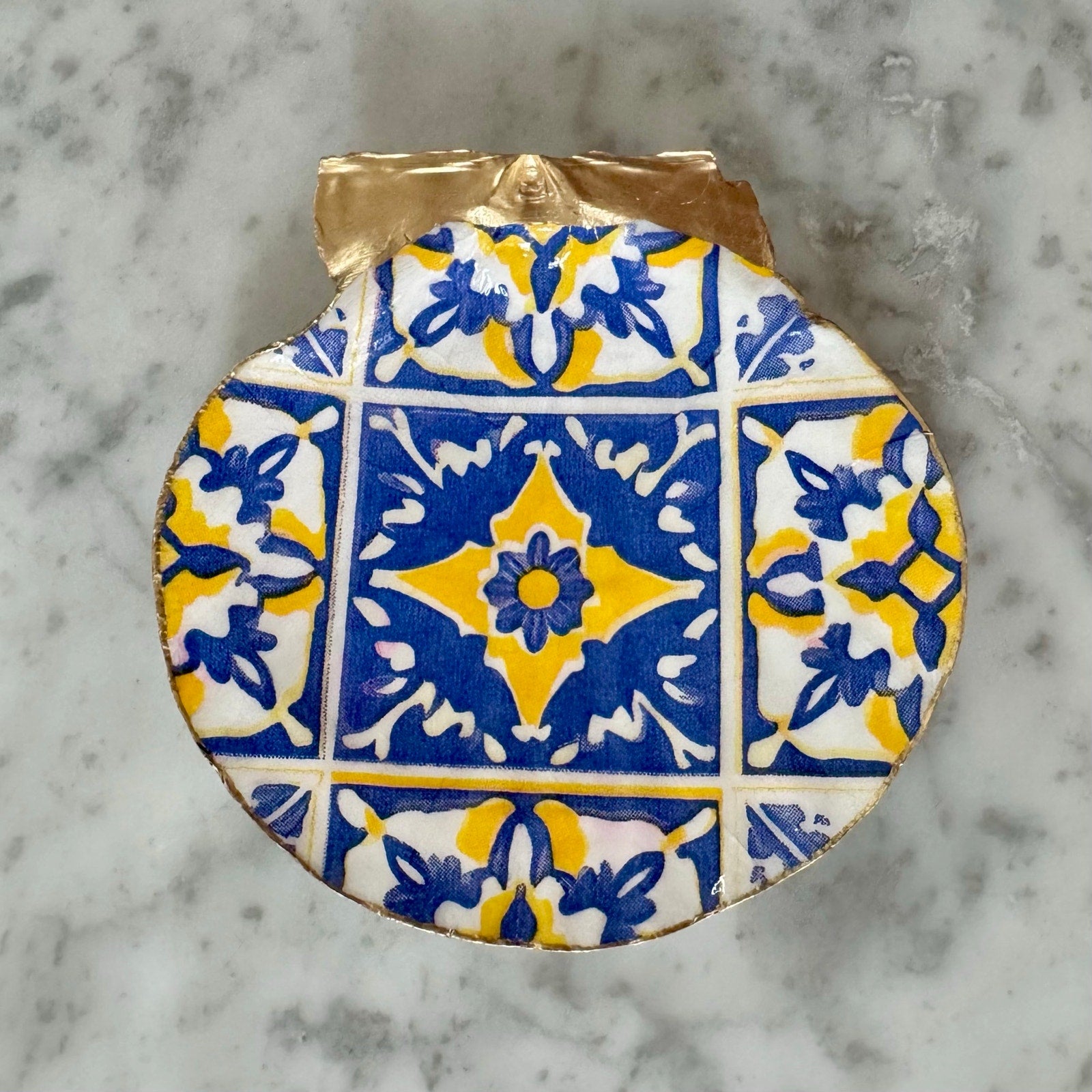 Additional view of blue & yellow mediterranean tile shell trinket dish