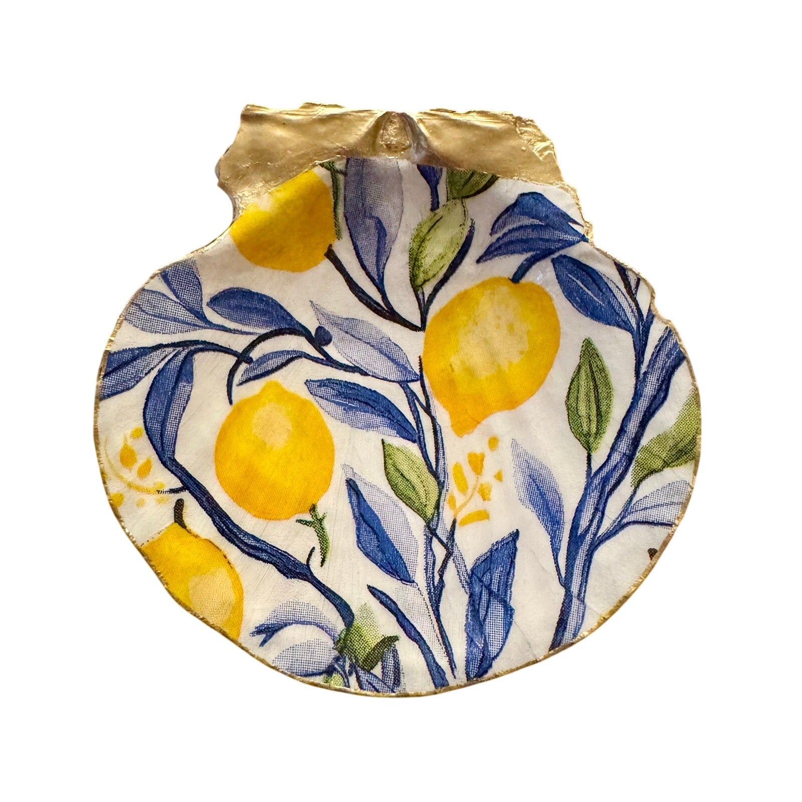 Detailed view of watercolor lemon botanical shell trinket dish