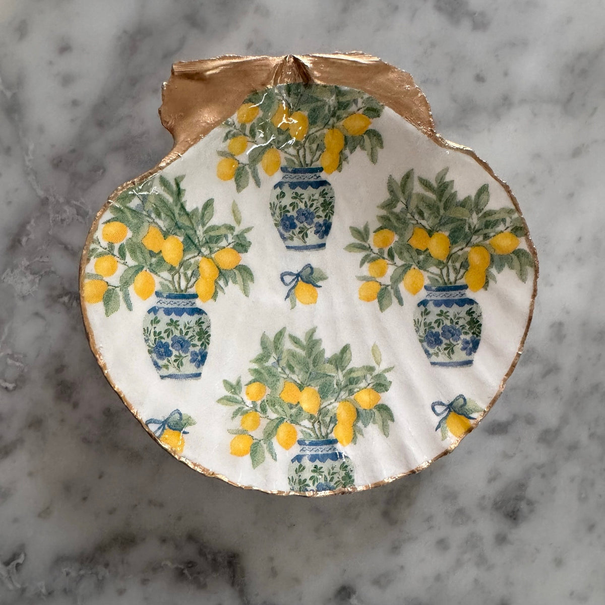 Chinoiserie Ginger Jar Lemon Tree Shell Ring Dish, Italian Summer Decor