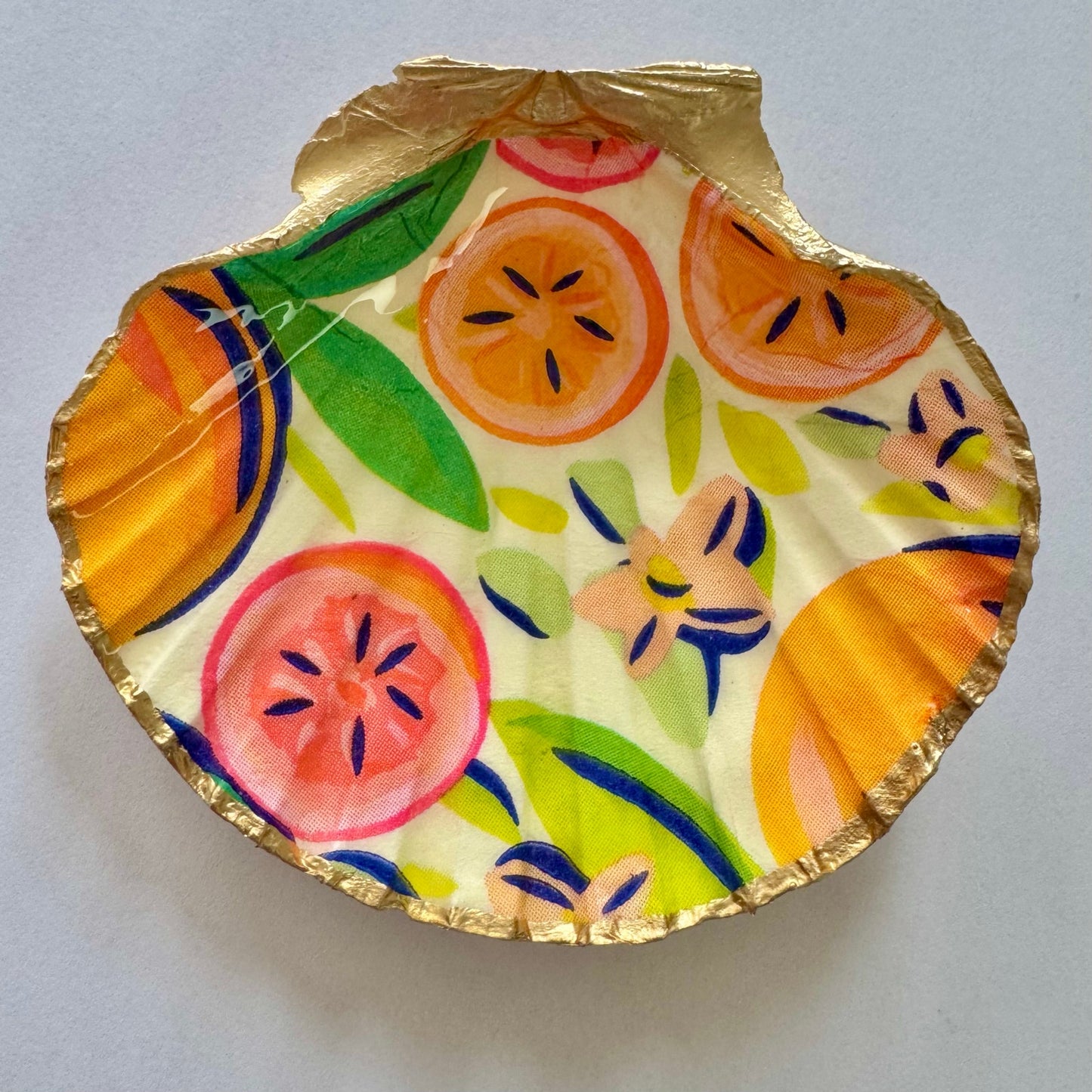 Tropical Fruit Trinket Dish | Scallop Shell Jewelry Dish | Coastal Decor