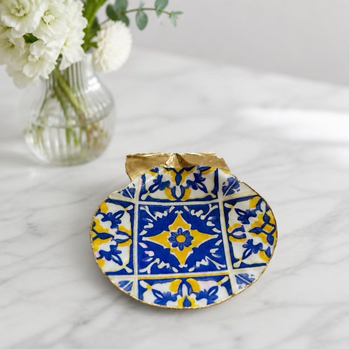 Alternate view of blue & yellow mediterranean tile shell trinket dish