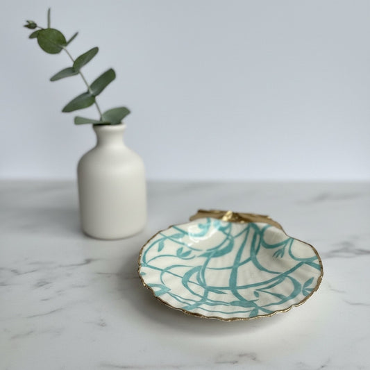 Blue Vine Shell Ring Dish, Handmade Scallop Trinket Dish, Coastal Boho Decor