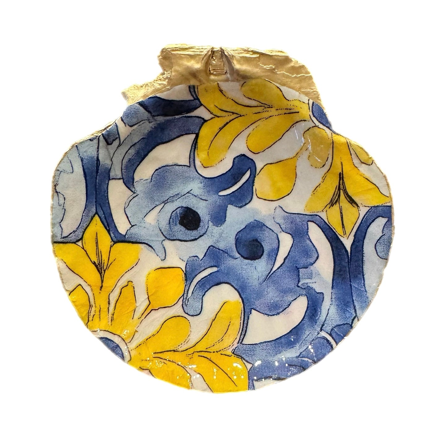 Alternate view of blue and yellow Mediterranean scallop shell ring dish