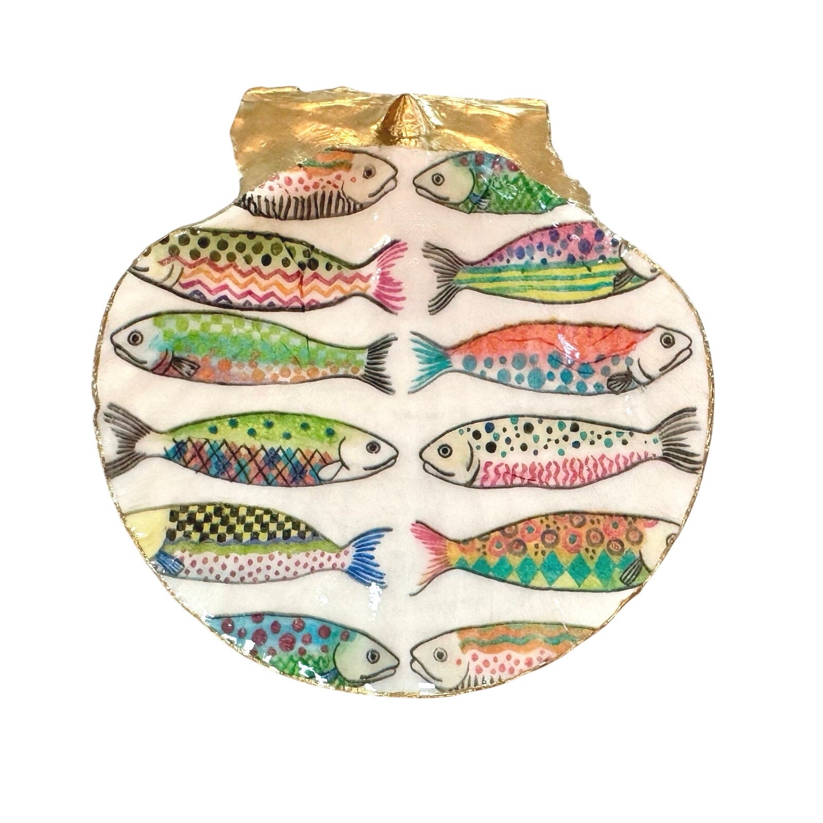Front view of colorful patterned fish scallop shell dish with gold edging