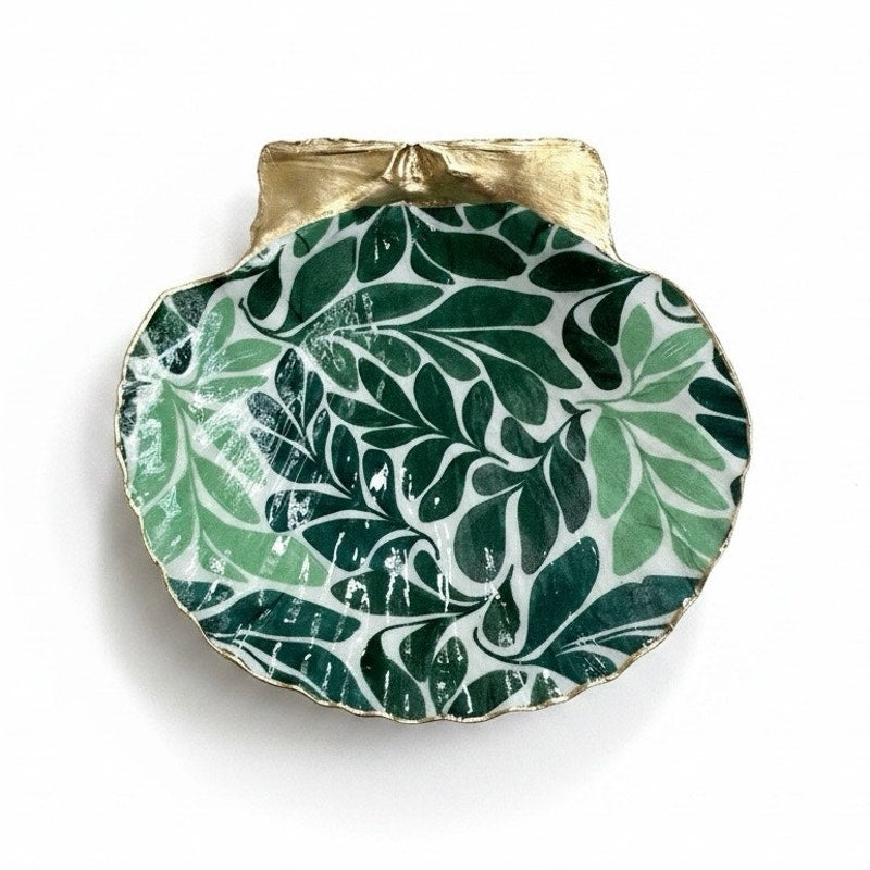 Detailed view of green botanical leaf shell trinket dish