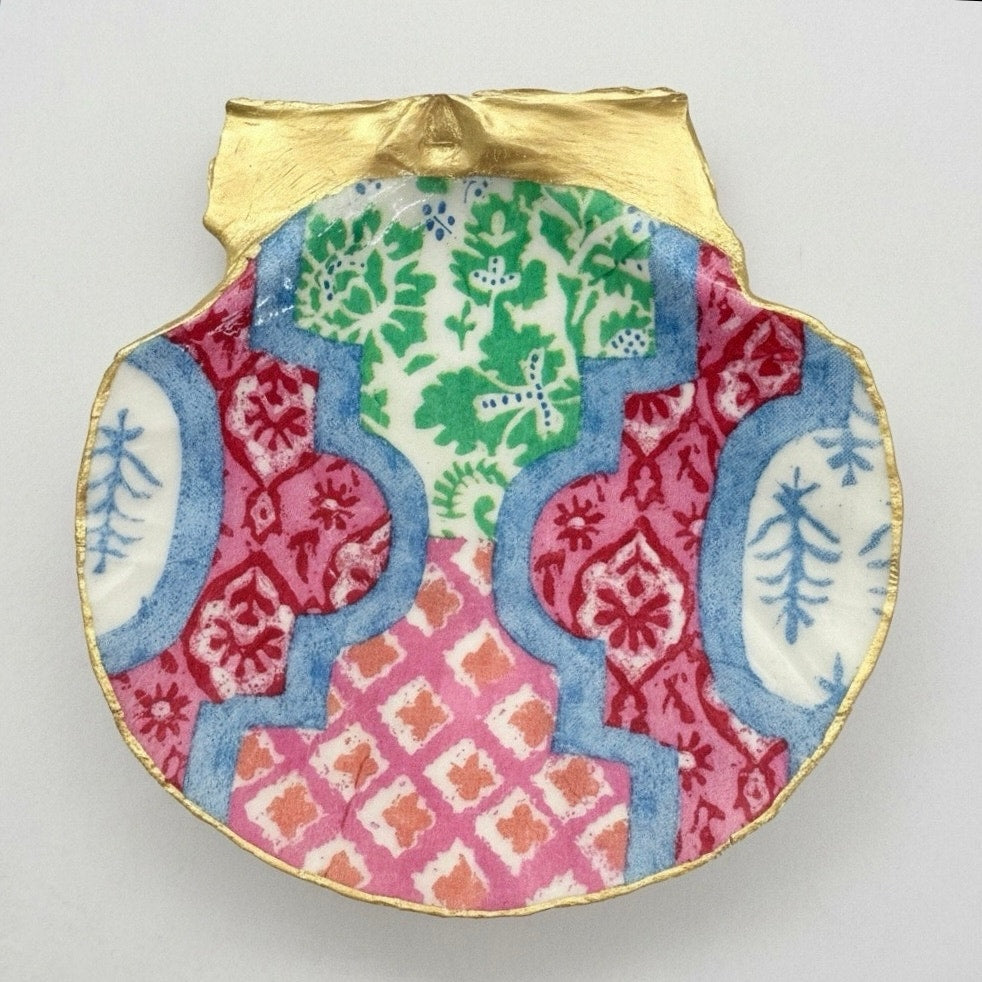 Detailed view of colorful patchwork tile shell trinket dish