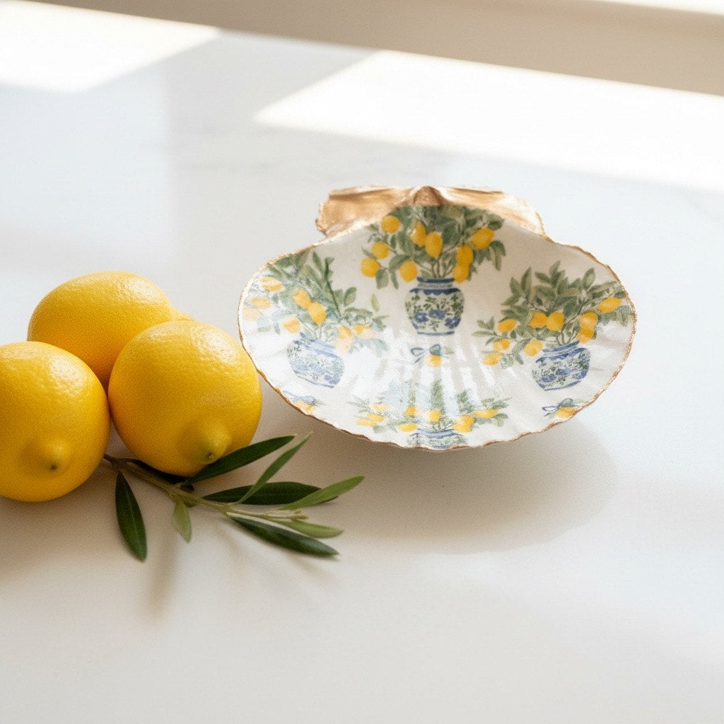 Chinoiserie Ginger Jar Lemon Tree Shell Ring Dish, Italian Summer Decor