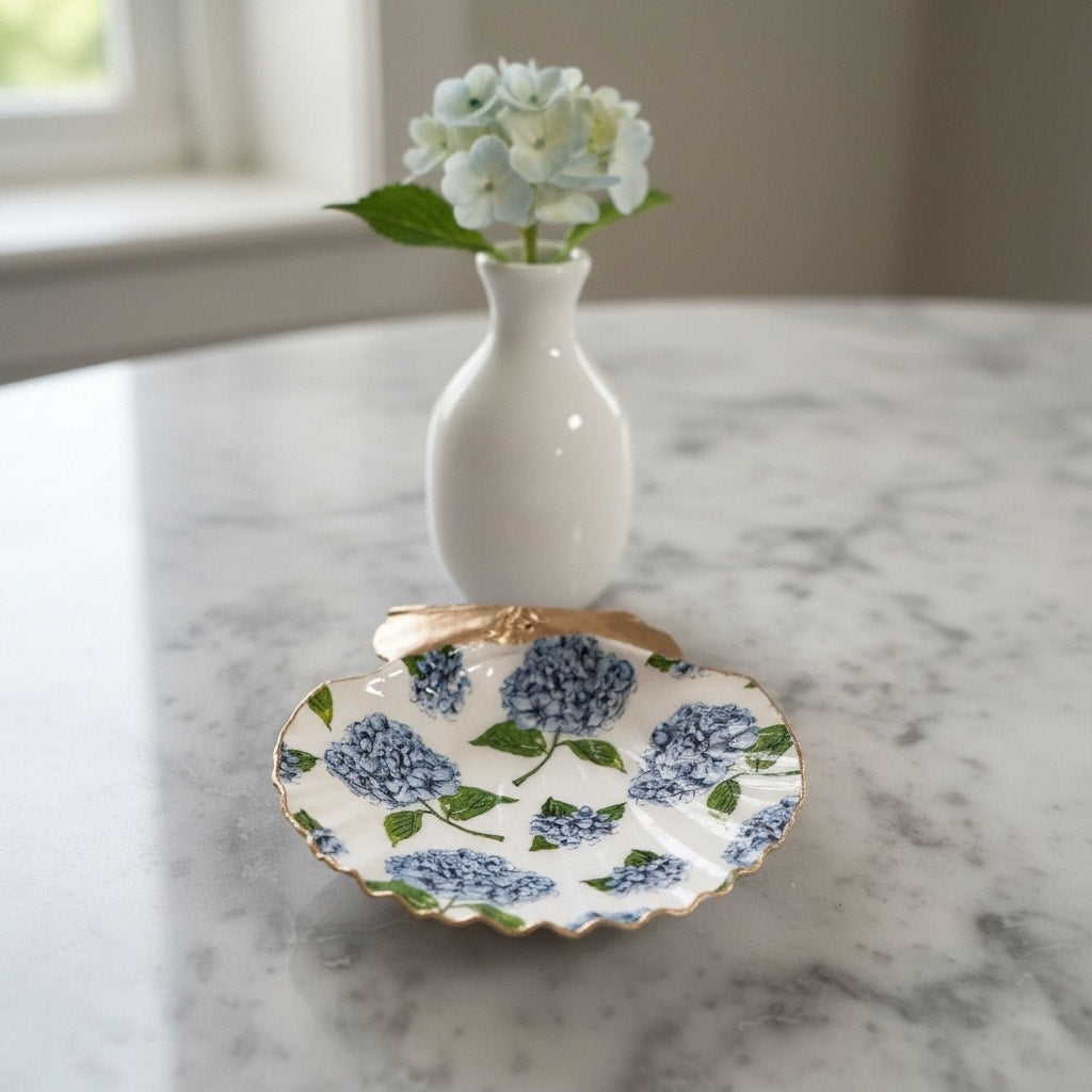Blue Hydrangea Ring Dish, Floral Jewelry Trinket Dish