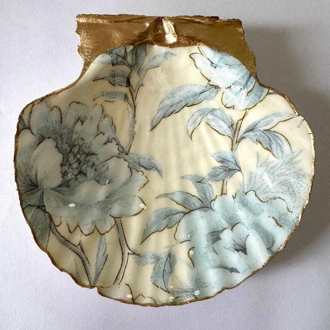 Blue Botanical Seashell Trinket Dish, French Country Decor