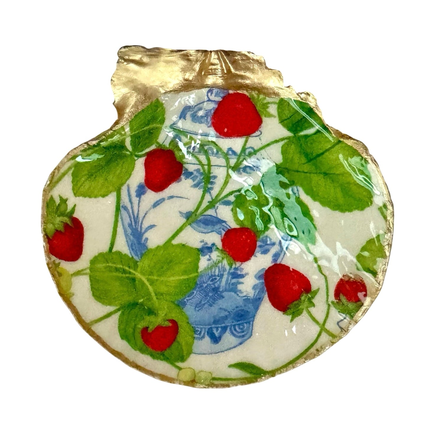 Strawberry Chinoiserie Scallop Shell Trinket Dish, Gold Edge Ring Holder