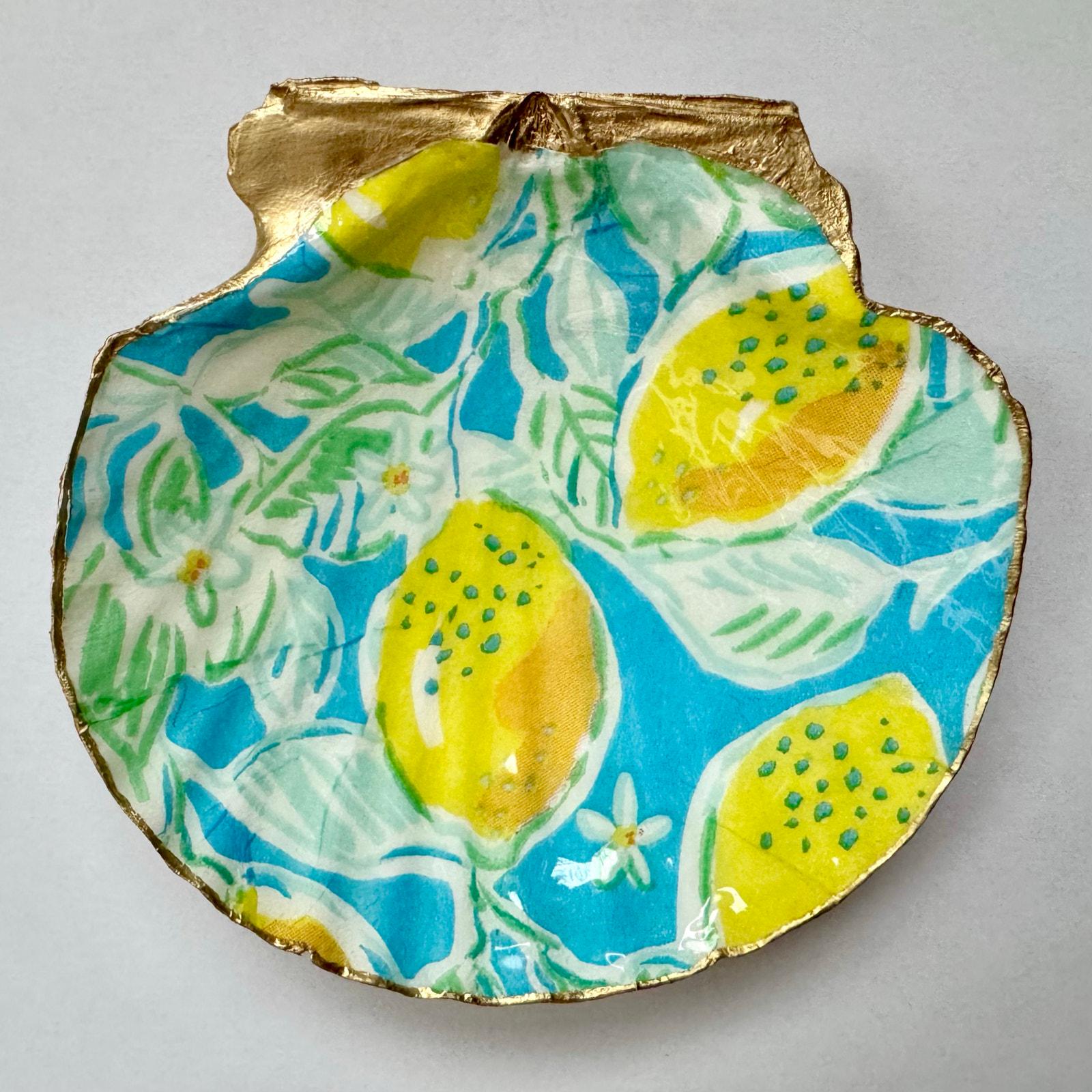 Detailed view of mediterranean blue lemon shell trinket dish