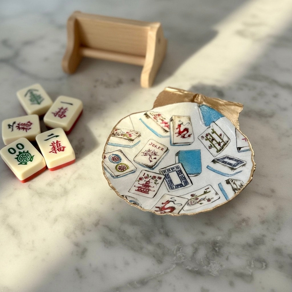 Mahjong Trinket Dish, Scallop Shell Ring Dish, Gift for Mahjong Lover