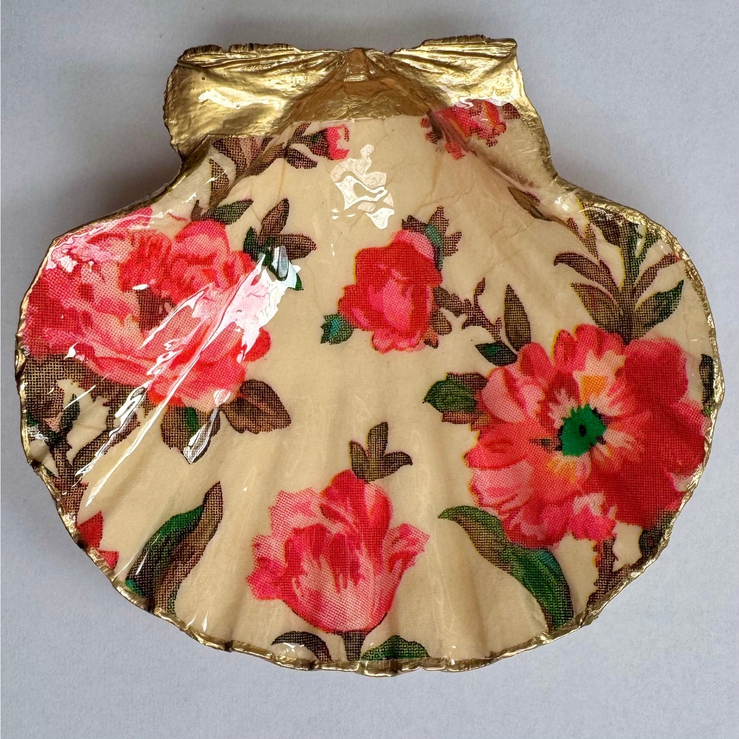Vintage Pink Rose Floral Seashell Trinket Dish