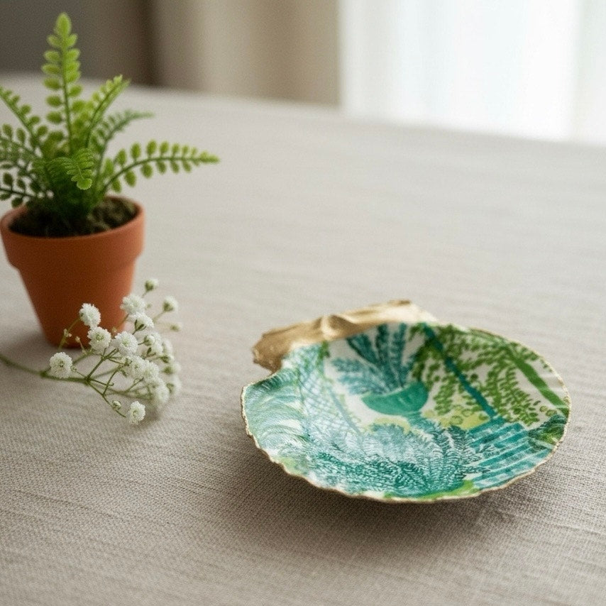 Alternate view of green fern botanical shell trinket dish