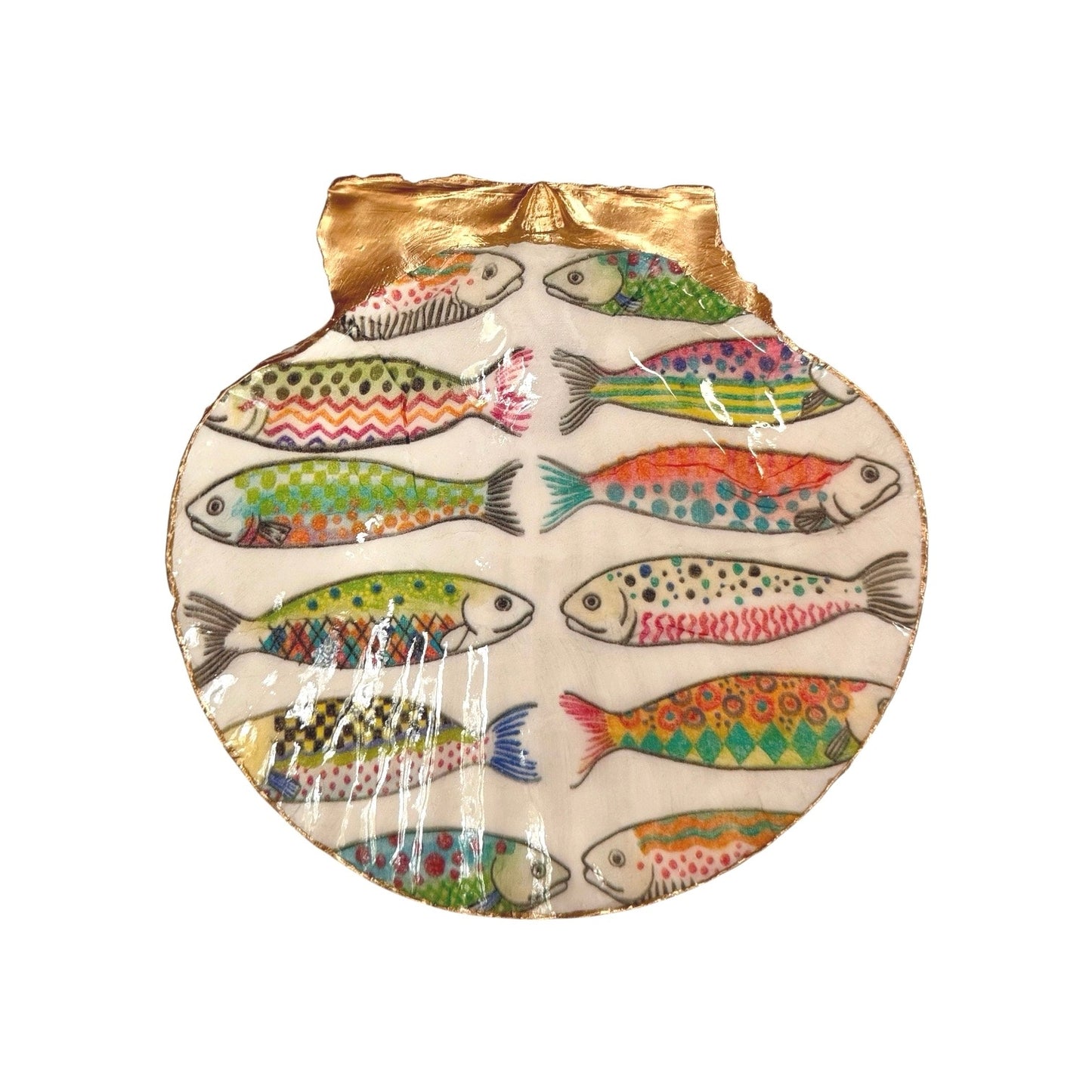 Angled close-up of resin-finished fish scallop shell trinket dish