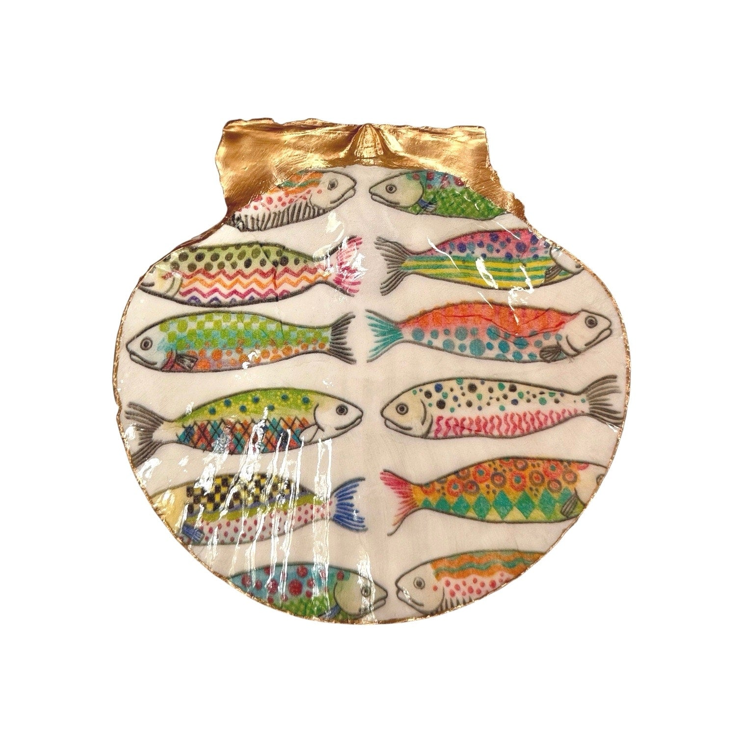 Angled close-up of resin-finished fish scallop shell trinket dish