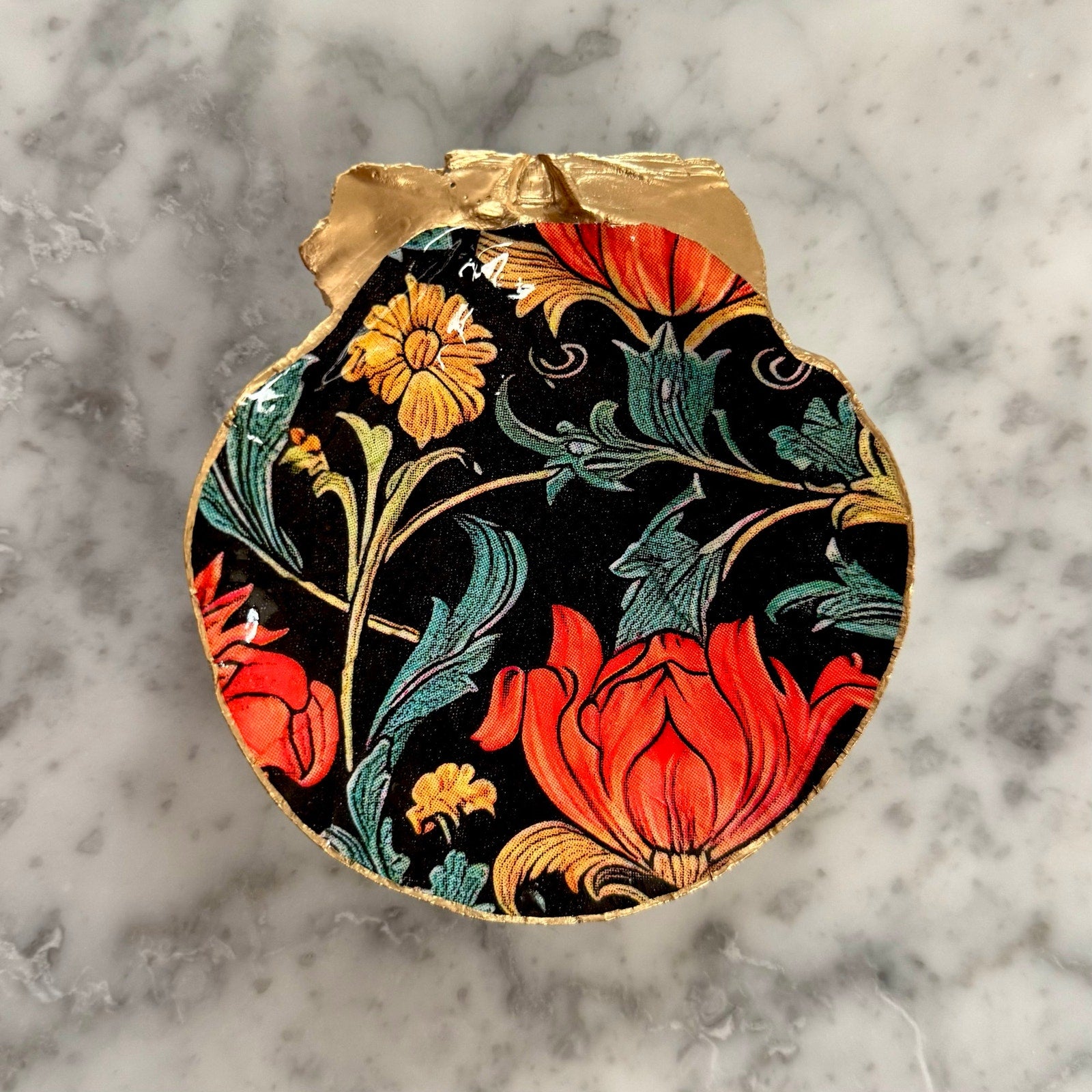 Detailed view of william morris black floral shell trinket dish