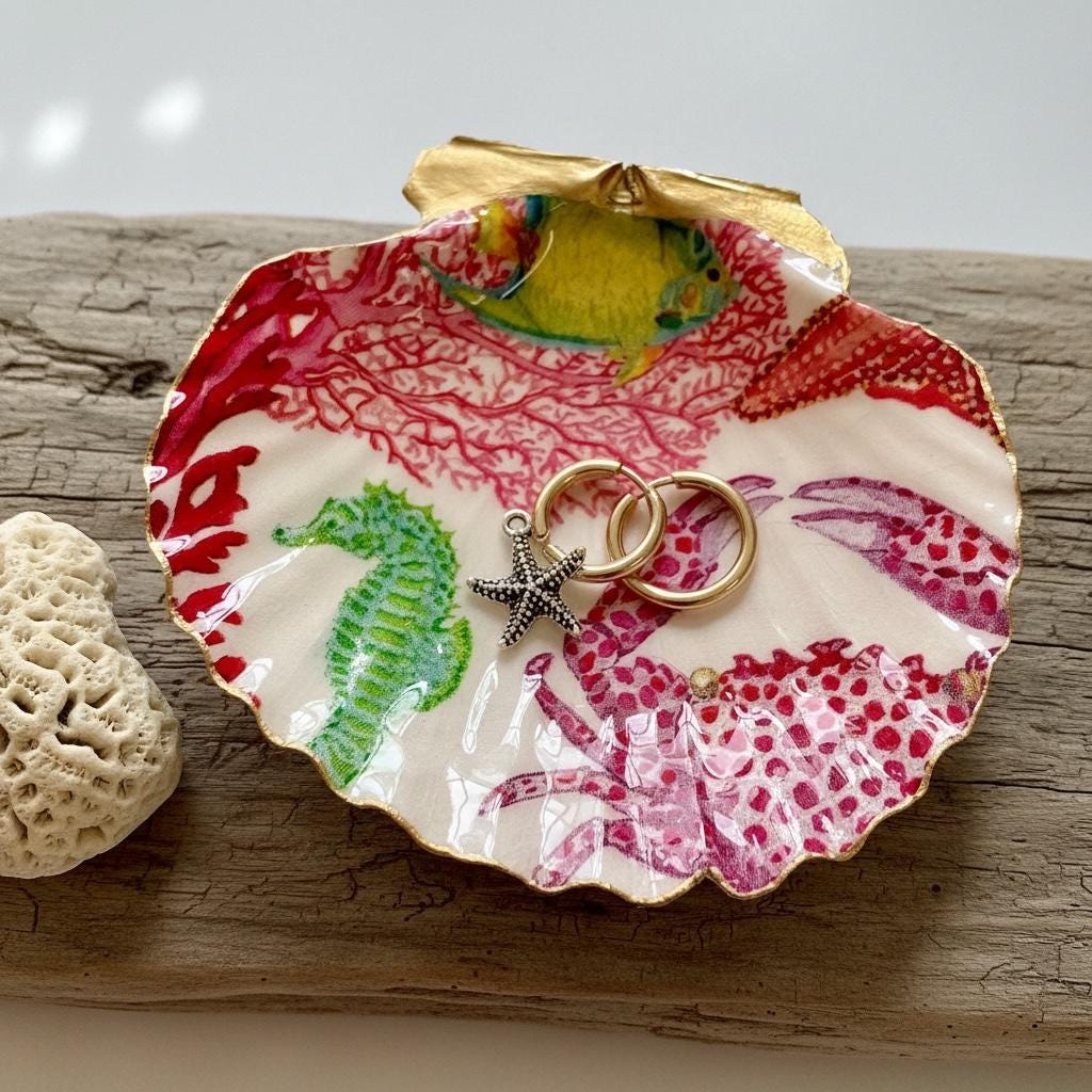 Coral Reef Fish Crab and Seahorse Jewelry Holder, Ocean Lover Gift, Coastal Home Decor