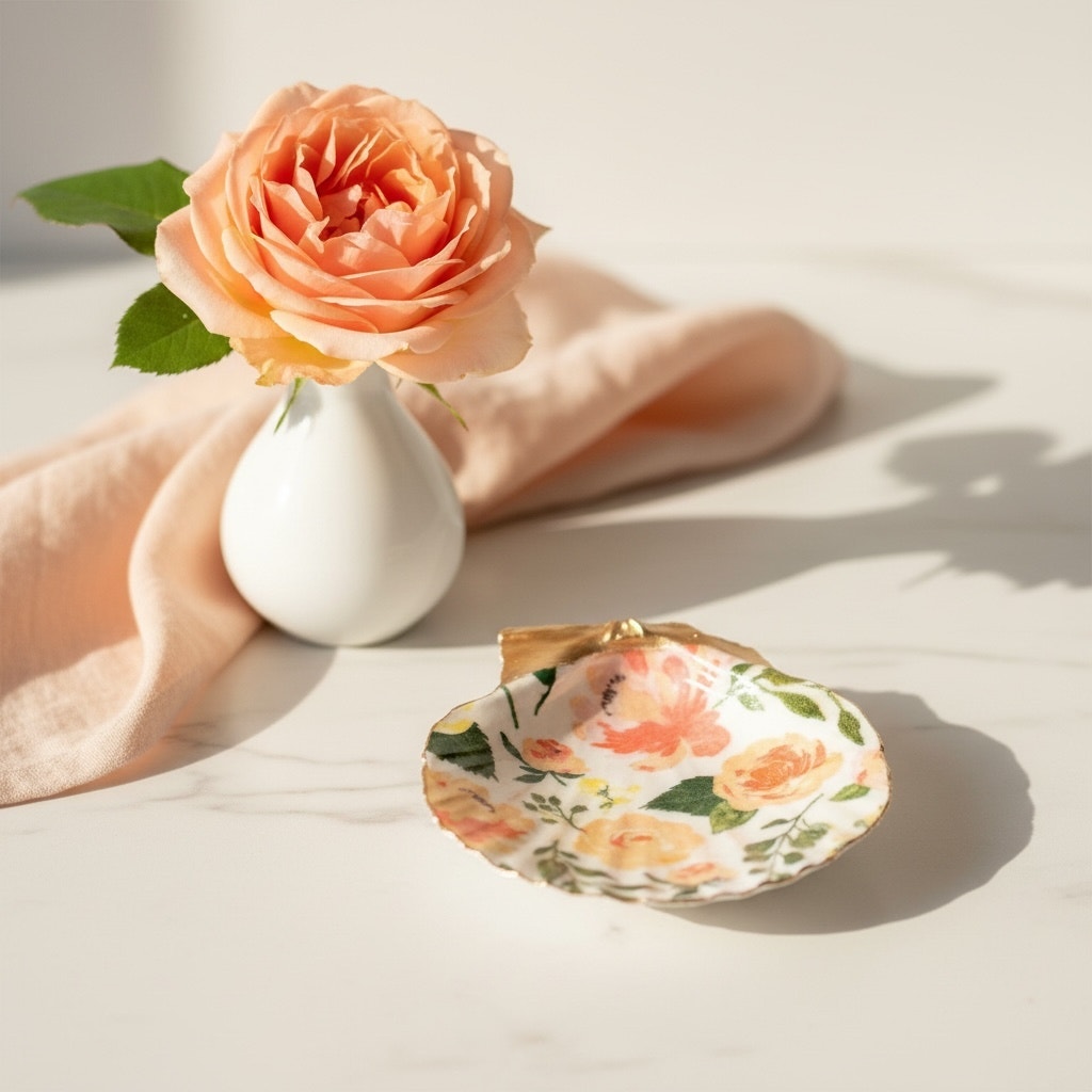 Peach Rose Trinket Dish, Floral Scallop Shell Ring Dish, Gift for Her