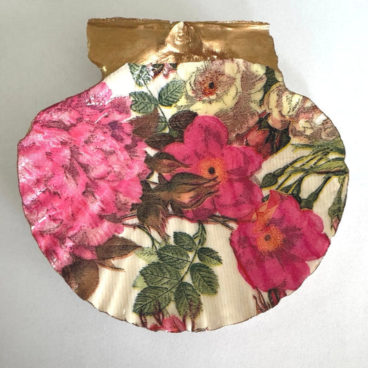 Vintage pink rose shell trinket dish