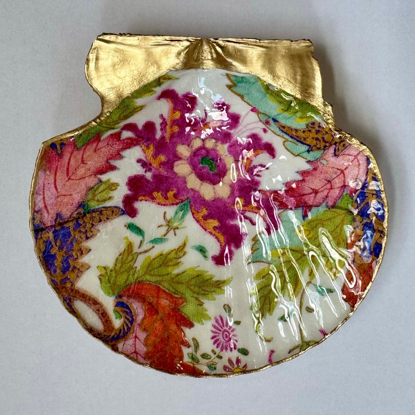 Chinoiserie Floral Shell Ring Dish Handmade Trinket Dish Maximalist Boho Decor