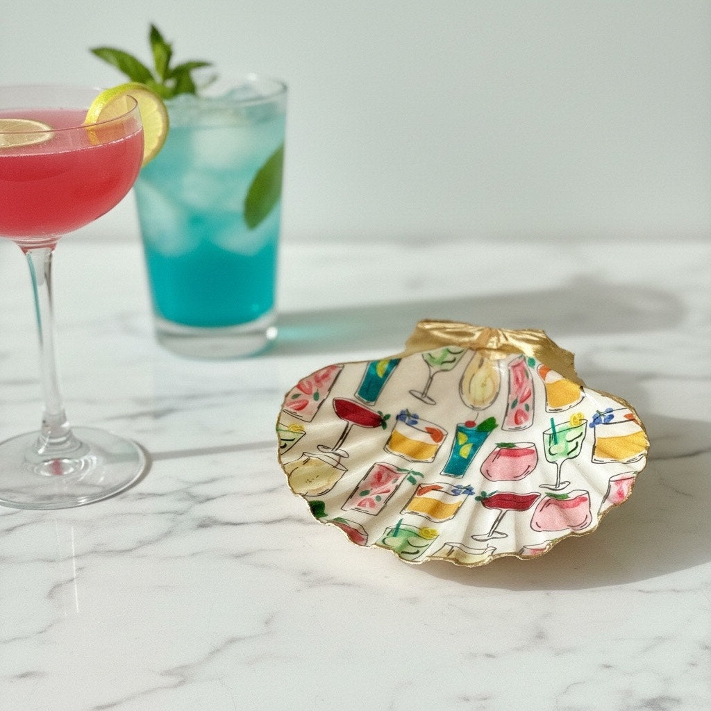 Cocktail Scallop Shell Trinket Dish, Bar Cart Decor, Hostess Gift