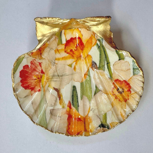 Daffodil Scallop Shell Trinket Dish Gold Edge Spring Floral Ring Dish Gift