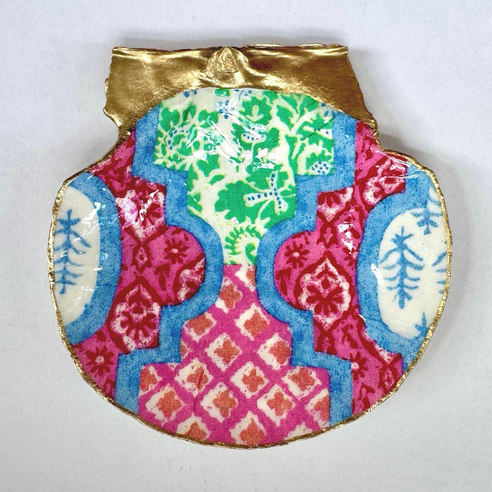 Colorful patchwork tile shell trinket dish shown from another angle