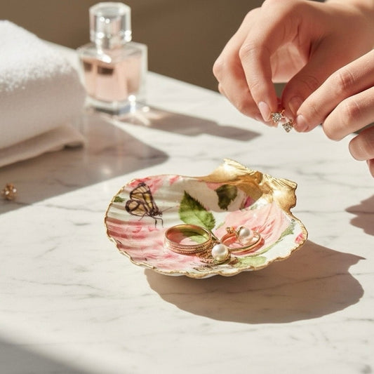 Rose Butterfly Shell Trinket Dish I Floral Ring Jewelry Holder
