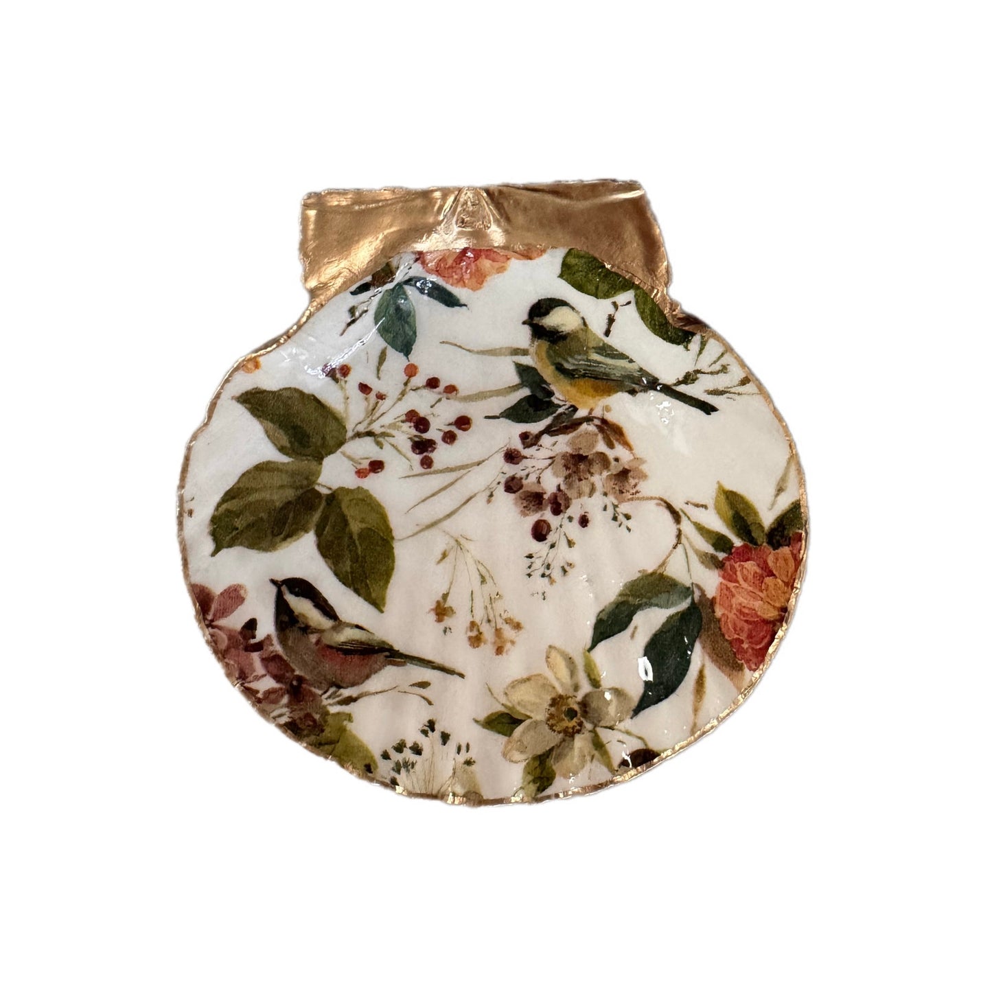 Vintage Songbird Scallop Shell Trinket Dish, Botanical Jewelry Holder