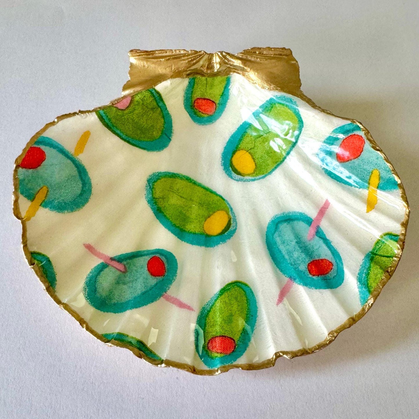 Olive Martini Scallop Shell Trinket Dish, Gold Edge Bar Cart Decor