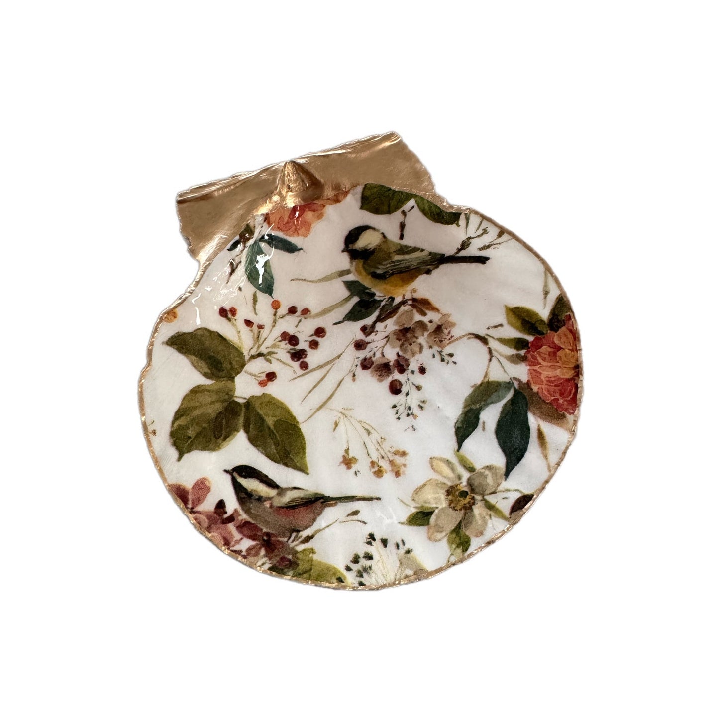 Vintage Songbird Scallop Shell Trinket Dish, Botanical Jewelry Holder
