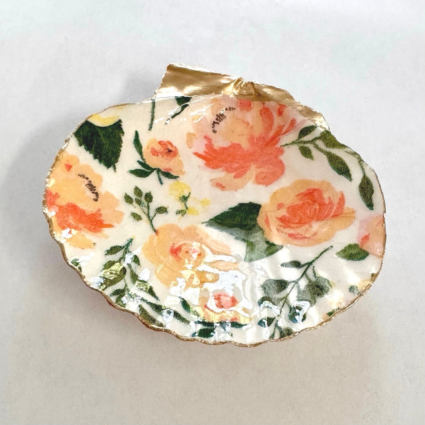 Peach Rose Trinket Dish, Floral Scallop Shell Ring Dish, Gift for Her