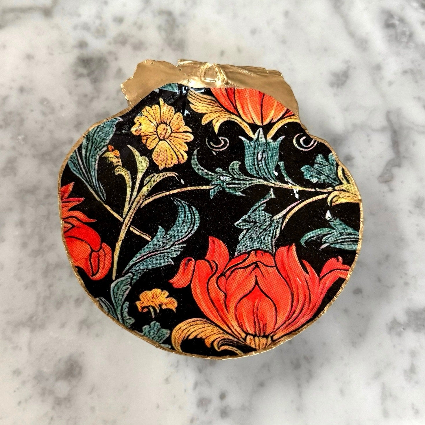 William morris black floral shell trinket dish shown from another angle