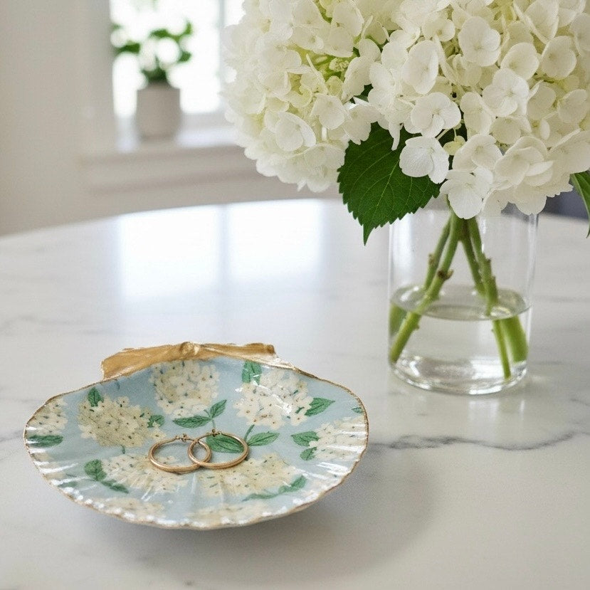 Hydrangea Jewelry Dish | Floral Decorative Shell Trinket Dish | Coastal Decor