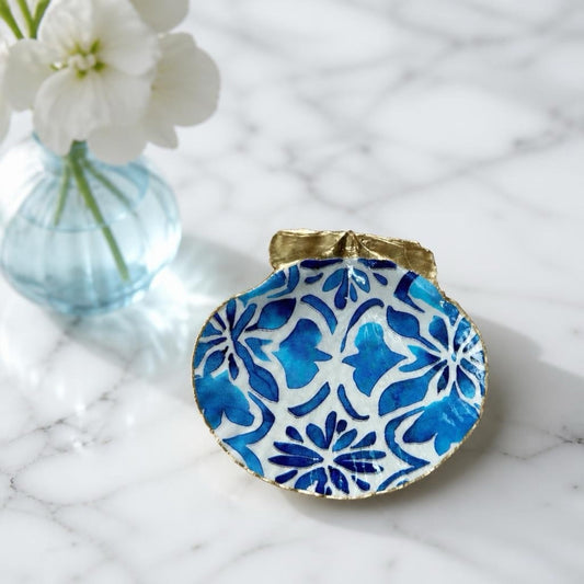 Shell Trinket Dish, Blue Botanical Jewelry Holder