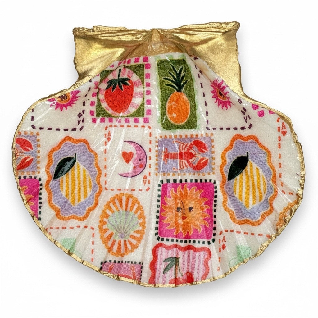 Detailed view of coastal patchwork shell trinket dish