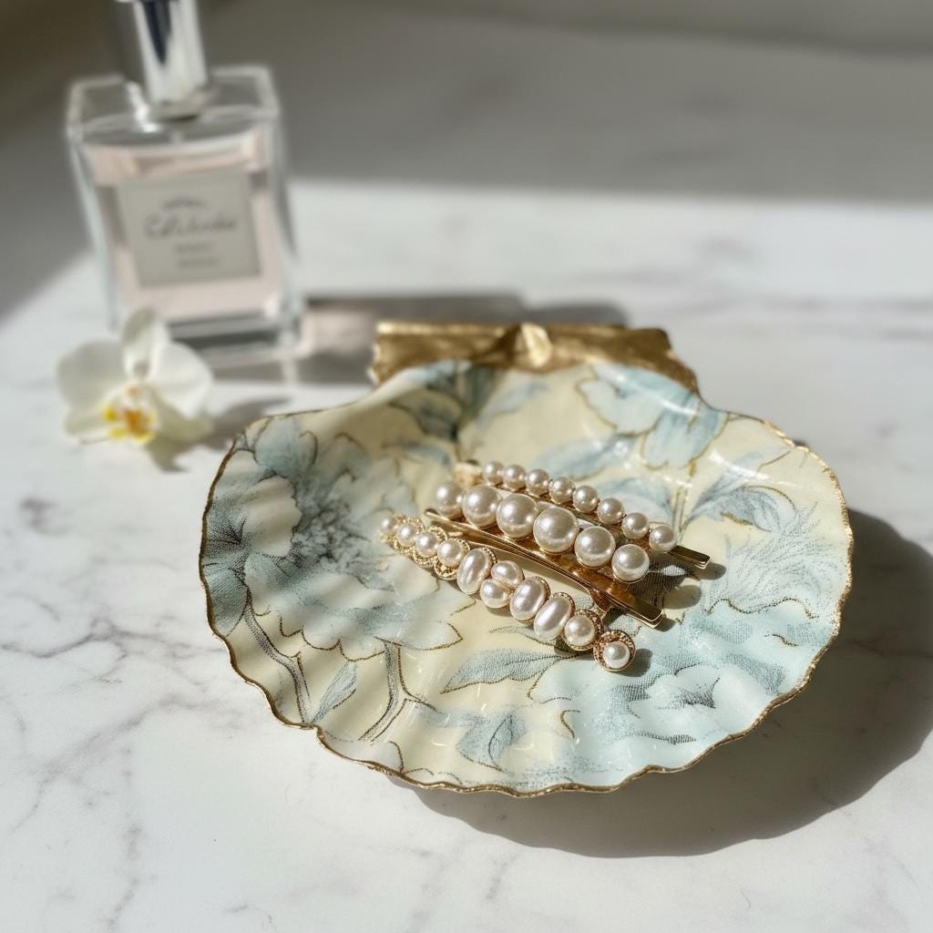Blue Botanical Seashell Trinket Dish, French Country Decor